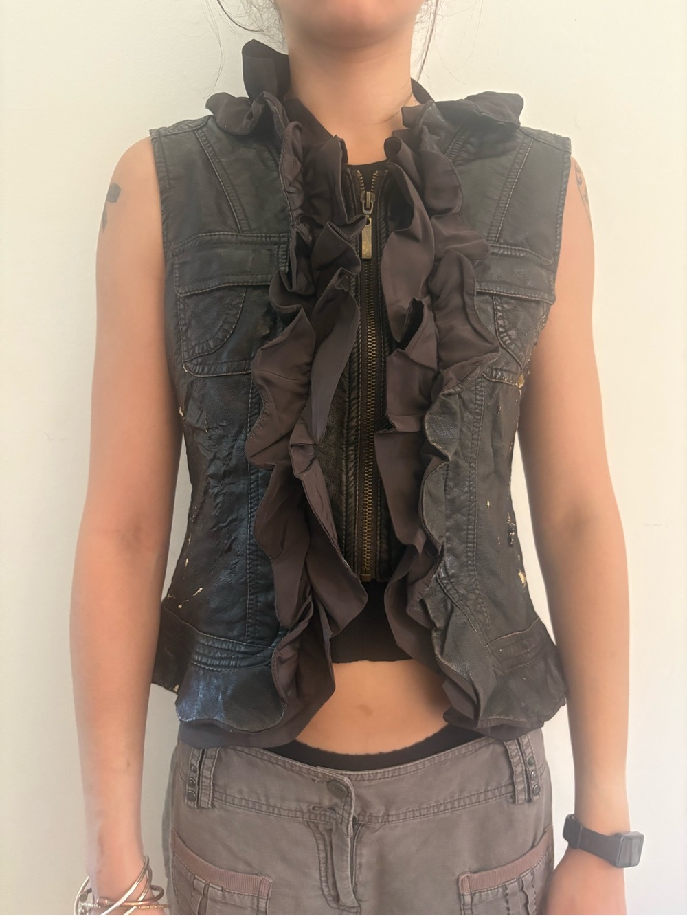 Women's Black Ruffle Zip-Front Tank Top
